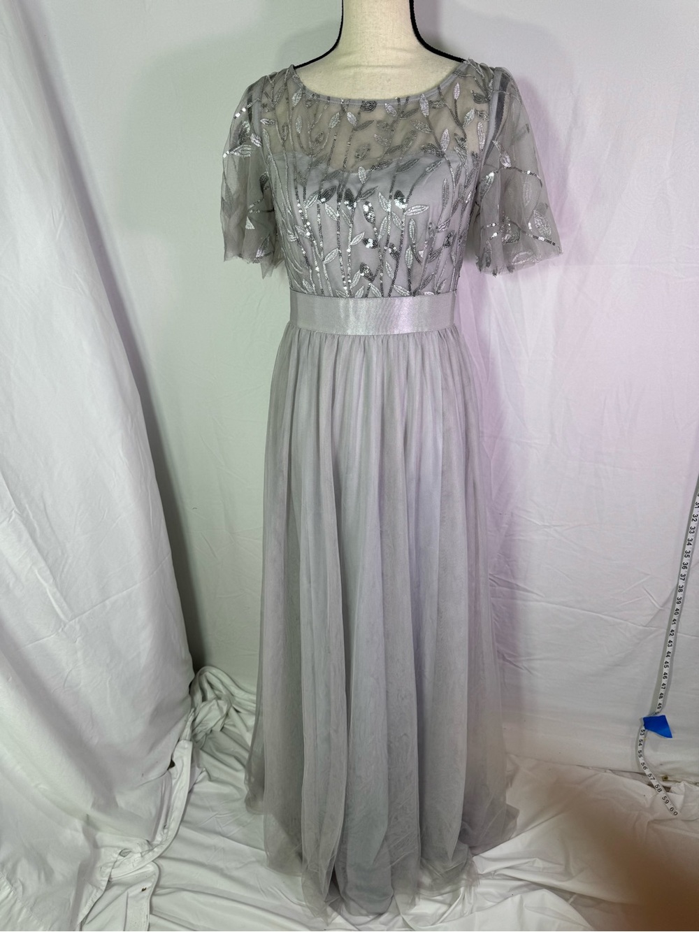 Ever-Pretty Silver Sequin Tulle Maxi Dress M Mother of Bride Formal